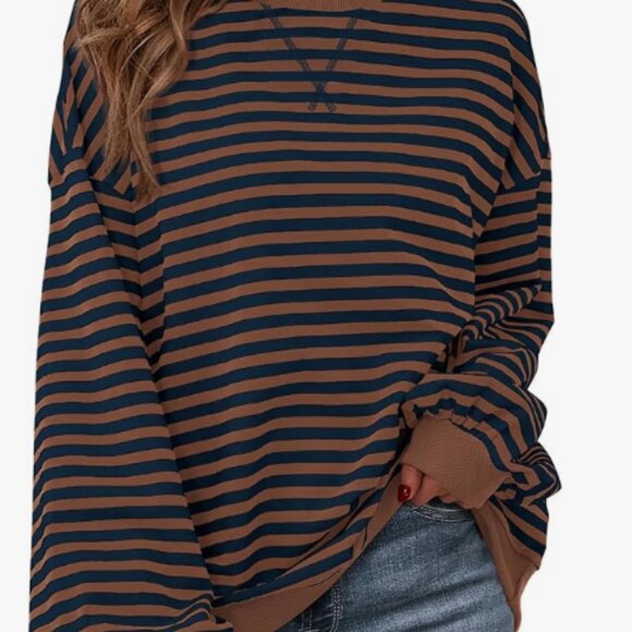 Tops - Womens Oversized Striped Sweatshirt Crewneck Long Sleeve Pullover Top -M